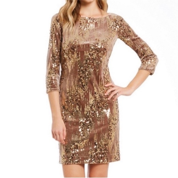 Eliza J. | Brown & Gold Velvet Sequin Dress - Picture 1 of 7